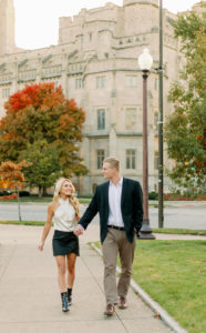 Golden hour engagement session in downtown Indianapolis, IN near the War Memorial. True-to-color, vibrant wedding photographer.